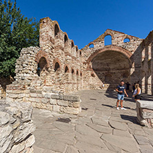 NESSEBAR, BULGARIA - AUGUST 12, 2018: Ruins of Ancient Church of Saint Sophia in the town of Nessebar, Burgas Region, Bulgaria