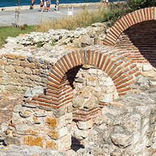 NESSEBAR, BULGARIA - AUGUST 12, 2018: Ruins of Ancient Church of the Holy Mother Eleusa in the town of Nessebar, Burgas Region, Bulgaria