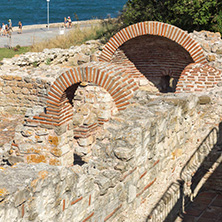 NESSEBAR, BULGARIA - AUGUST 12, 2018: Ruins of Ancient Church of the Holy Mother Eleusa in the town of Nessebar, Burgas Region, Bulgaria