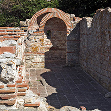 NESSEBAR, BULGARIA - AUGUST 12, 2018: Ruins of Ancient Church of the Holy Mother Eleusa in the town of Nessebar, Burgas Region, Bulgaria