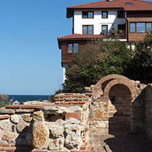 NESSEBAR, BULGARIA - AUGUST 12, 2018: Ruins of Ancient Church of the Holy Mother Eleusa in the town of Nessebar, Burgas Region, Bulgaria