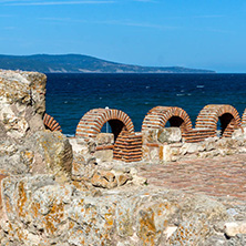 NESSEBAR, BULGARIA - AUGUST 12, 2018: Ruins of Ancient Church of the Holy Mother Eleusa in the town of Nessebar, Burgas Region, Bulgaria