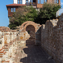 NESSEBAR, BULGARIA - AUGUST 12, 2018: Ruins of Ancient Church of the Holy Mother Eleusa in the town of Nessebar, Burgas Region, Bulgaria