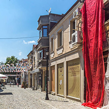 KAPANA, PLOVDIV, BULGARIA - JULY 5, 2018:  Street and houses in district Kapana, city of Plovdiv, Bulgaria