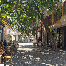 KAPANA, PLOVDIV, BULGARIA - JULY 5, 2018:  Street and houses in district Kapana, city of Plovdiv, Bulgaria