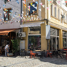 KAPANA, PLOVDIV, BULGARIA - JULY 5, 2018:  Street and houses in district Kapana, city of Plovdiv, Bulgaria