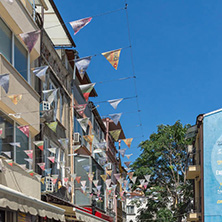 KAPANA, PLOVDIV, BULGARIA - JULY 5, 2018:  Street and houses in district Kapana, city of Plovdiv, Bulgaria